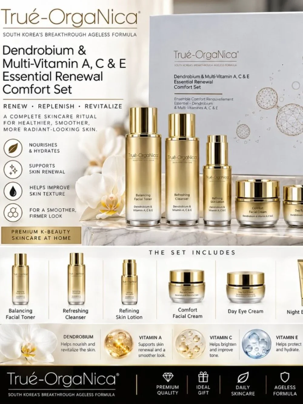 TRUÉ-ORGANICA® DENDROBIUM & MULTI-VITAMIN A, C & E ESSENTIAL RENEWAL COMFORT SET